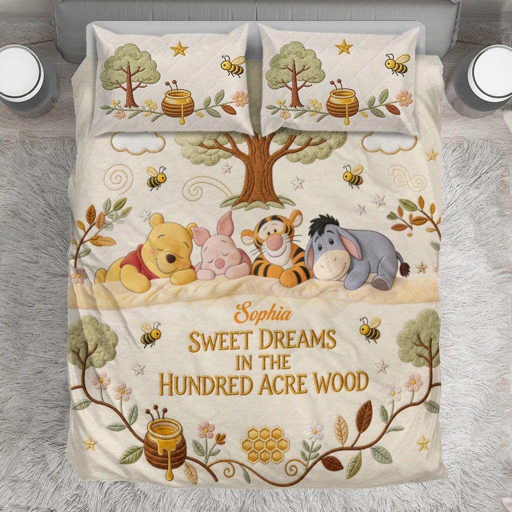 Personalized Cute Honey Bear Bedding Set - Custom Name Bear & Friend Blanket