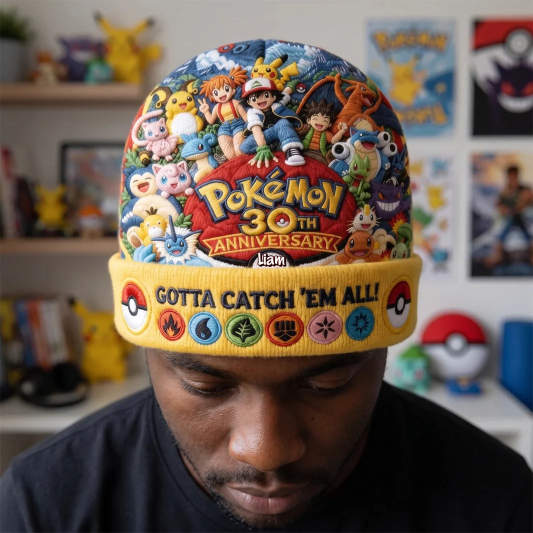 Celebrate 30 Years Of Catching Them All Custom Name Christmas Gift For Movie Fans - Personalized Beanie Hat