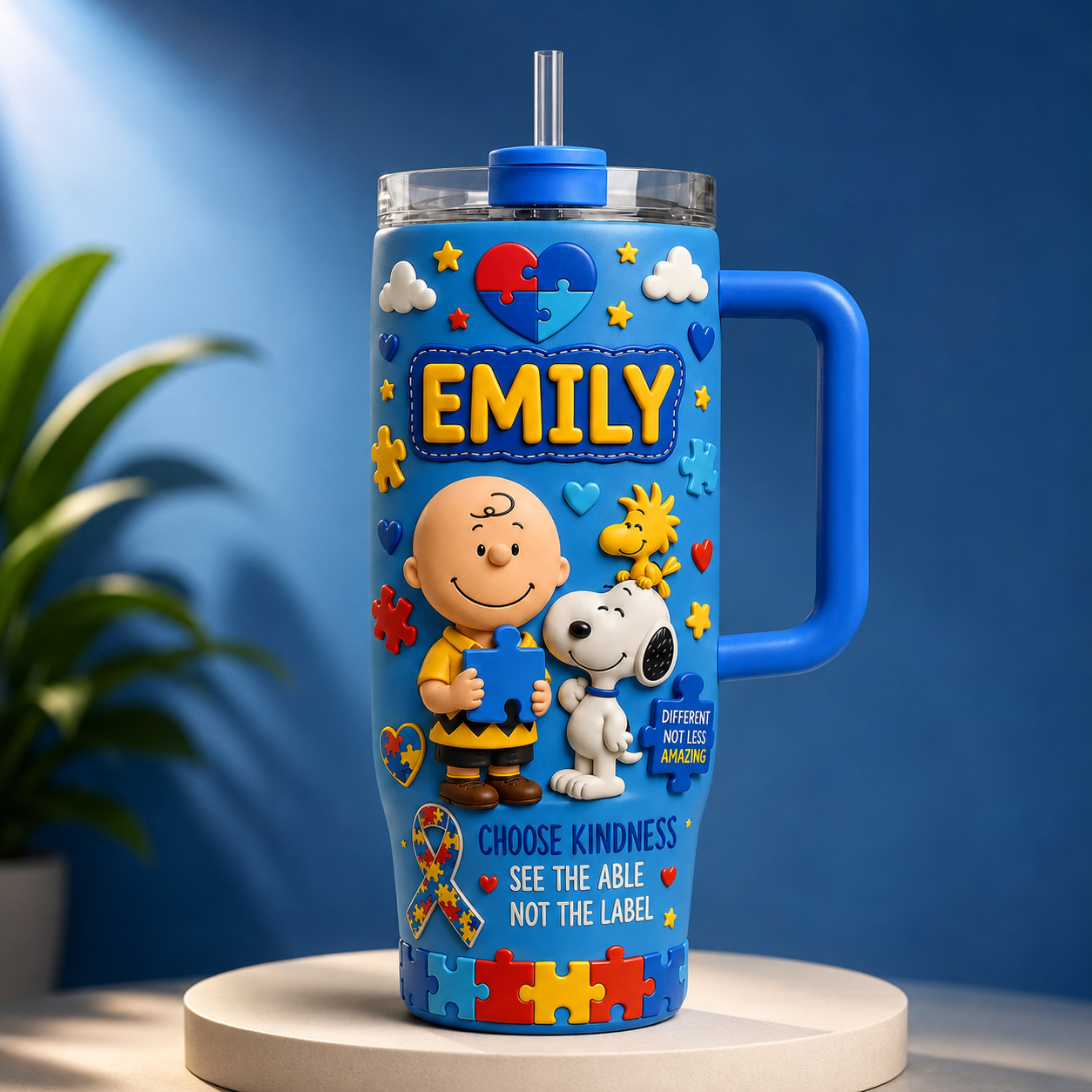 Autism Awareness Puppy & Friends Tumbler – Red Doghouse Travel Tumbler with Handle
