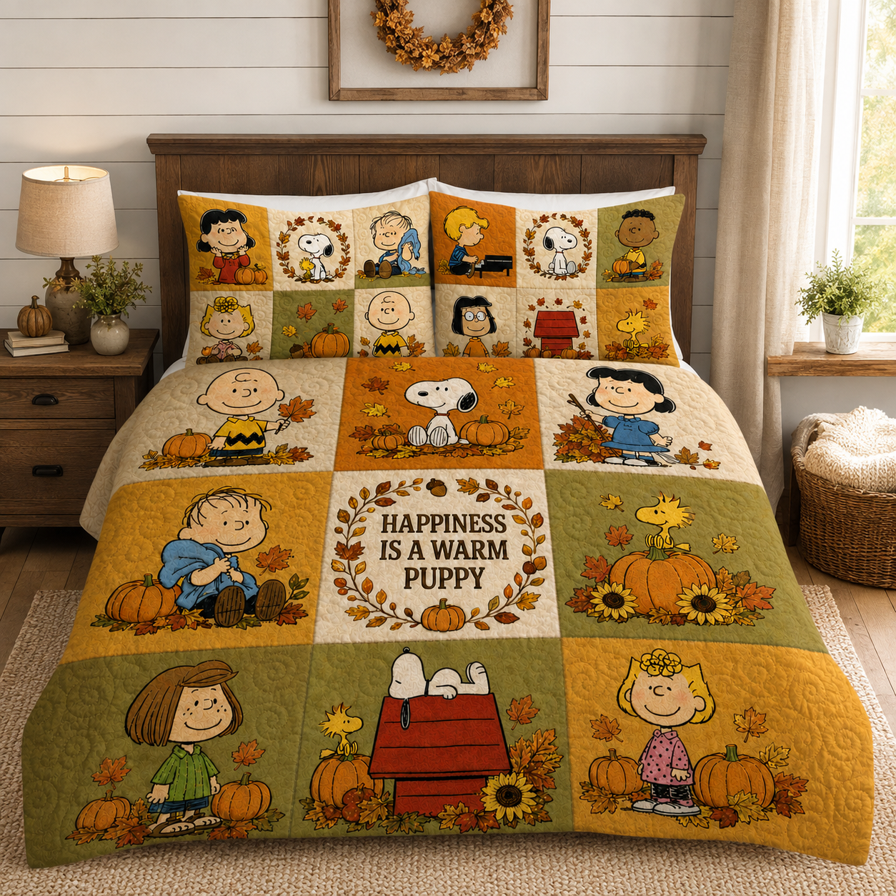 Autumn Puppy & Friends Quilt Set – Cozy Fall Puppy Cartoon Bedding Gift