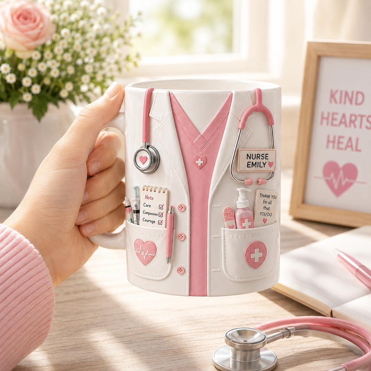 Personalized Pink Nurse Mug – Custom Name Nurse Coffee Cup Appreciation Gift