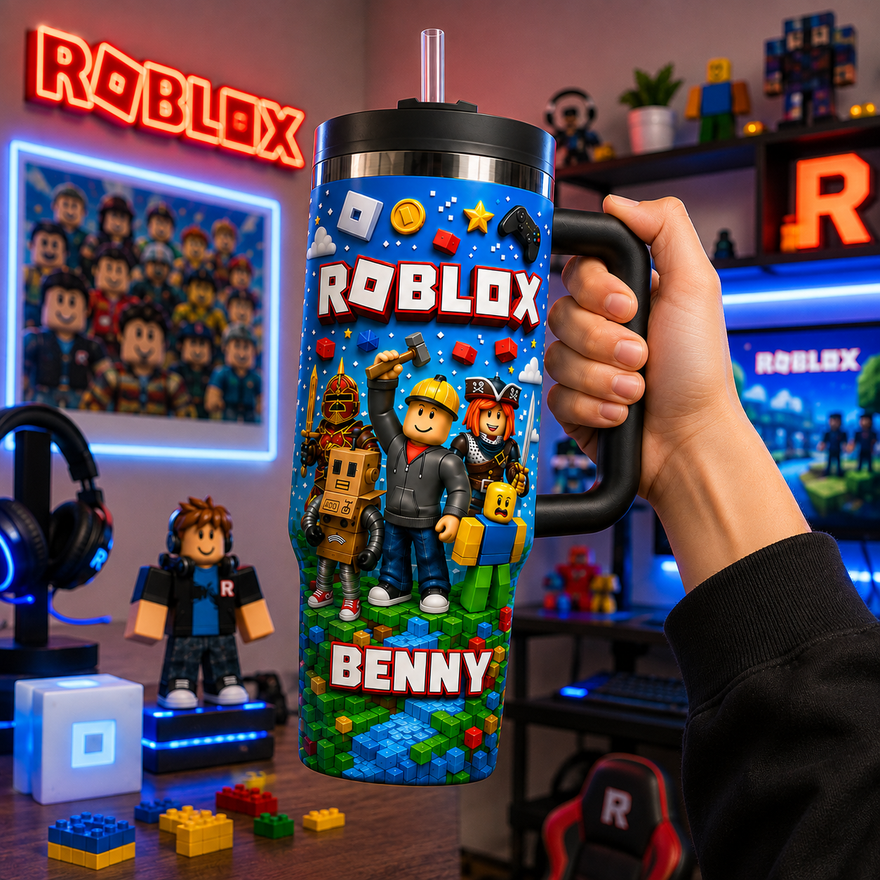 Personalized Block Game Tumbler with Handle – Custom Name Gamer Gift