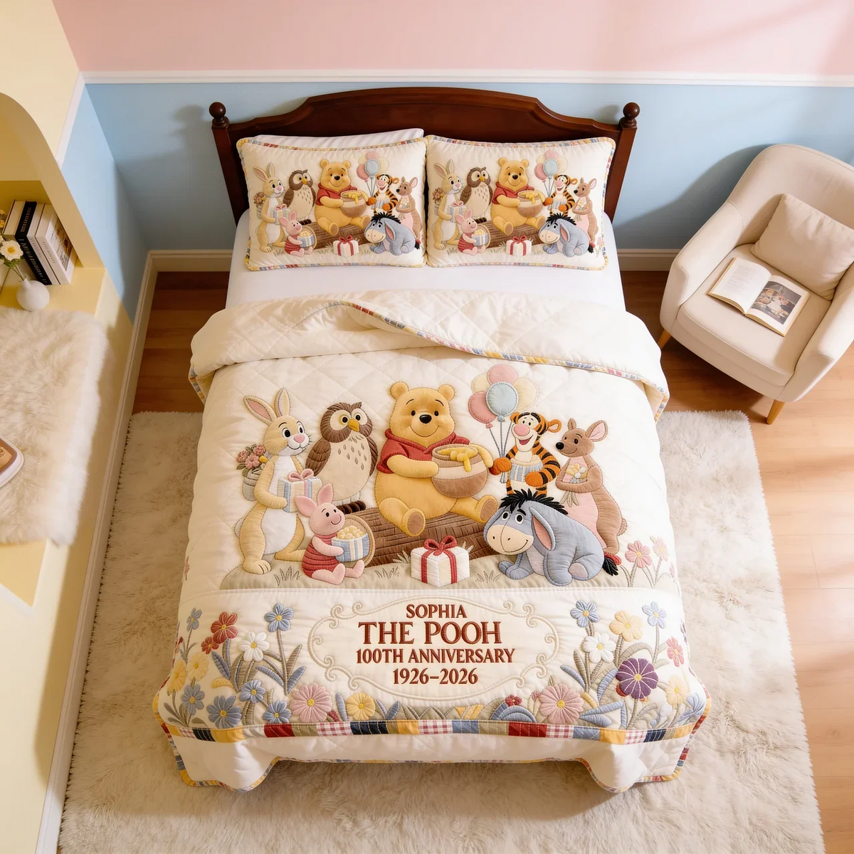 Honey Bear Celebrate 100 Years Of Friendship - Personalized Quilted Bedding Set - Gift For Family, Movie Fans