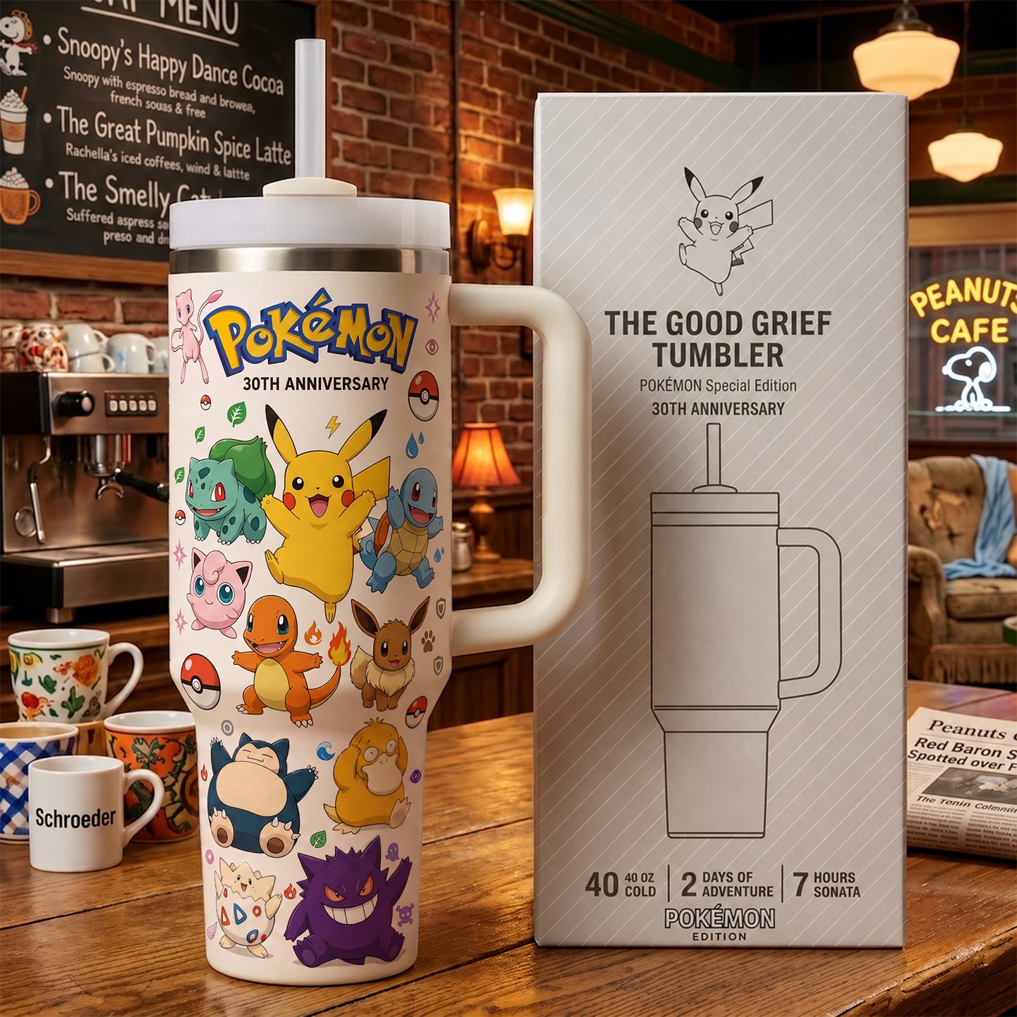 Retro Pocket Monster Tumbler – Cartoon Insulated Cup with Handle