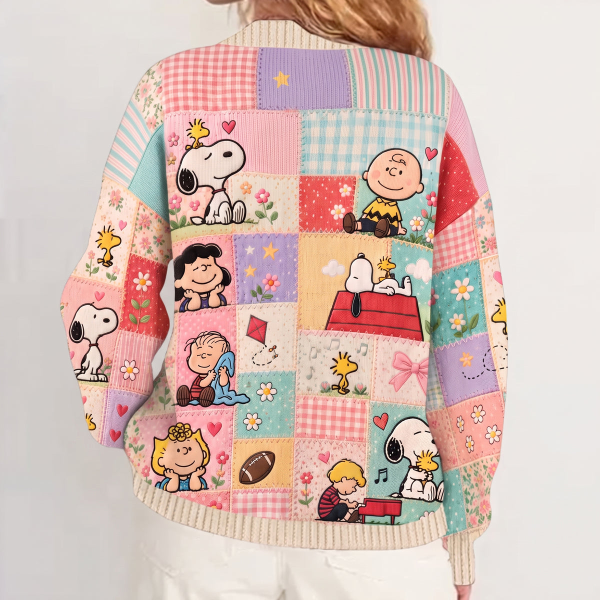Cute Cartoon Friends Patchwork - Personalized Knitted Cardigan
