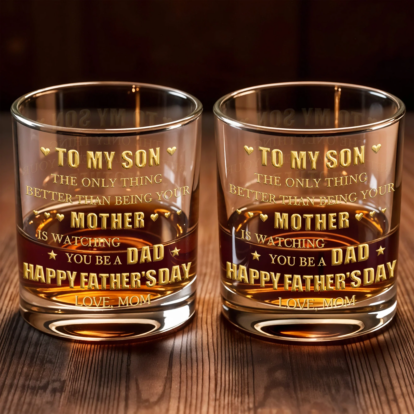 To My Son Mother to Dad Hearts, Personalized Whiskey Glass, Gift for Son