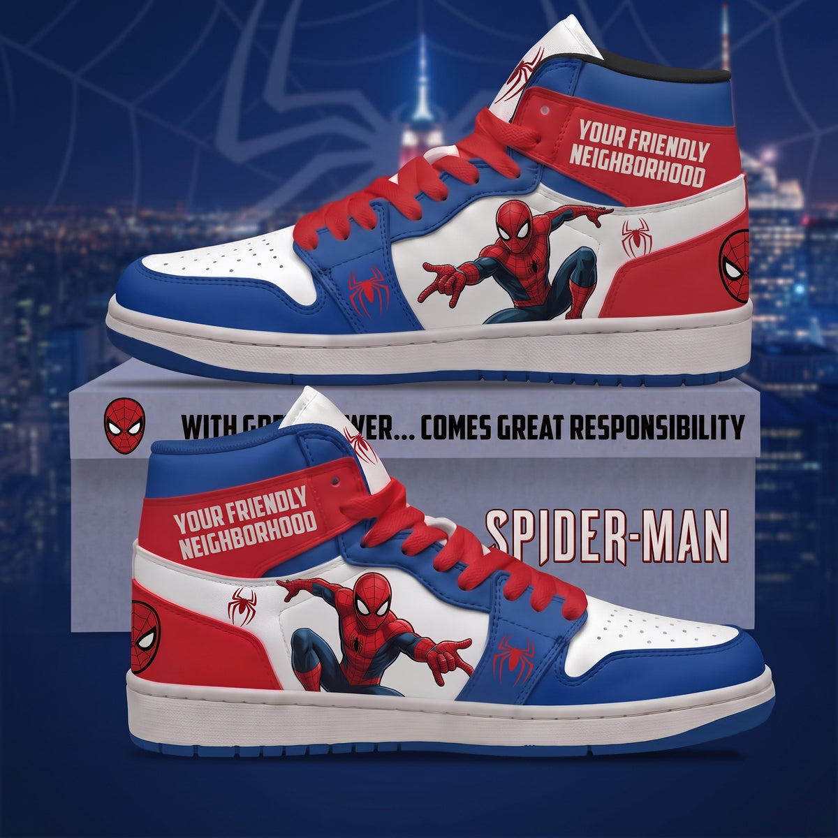 Friendly Spider Hero AJ1 High Top Sneakers – Red Blue Superhero Fan Shoes