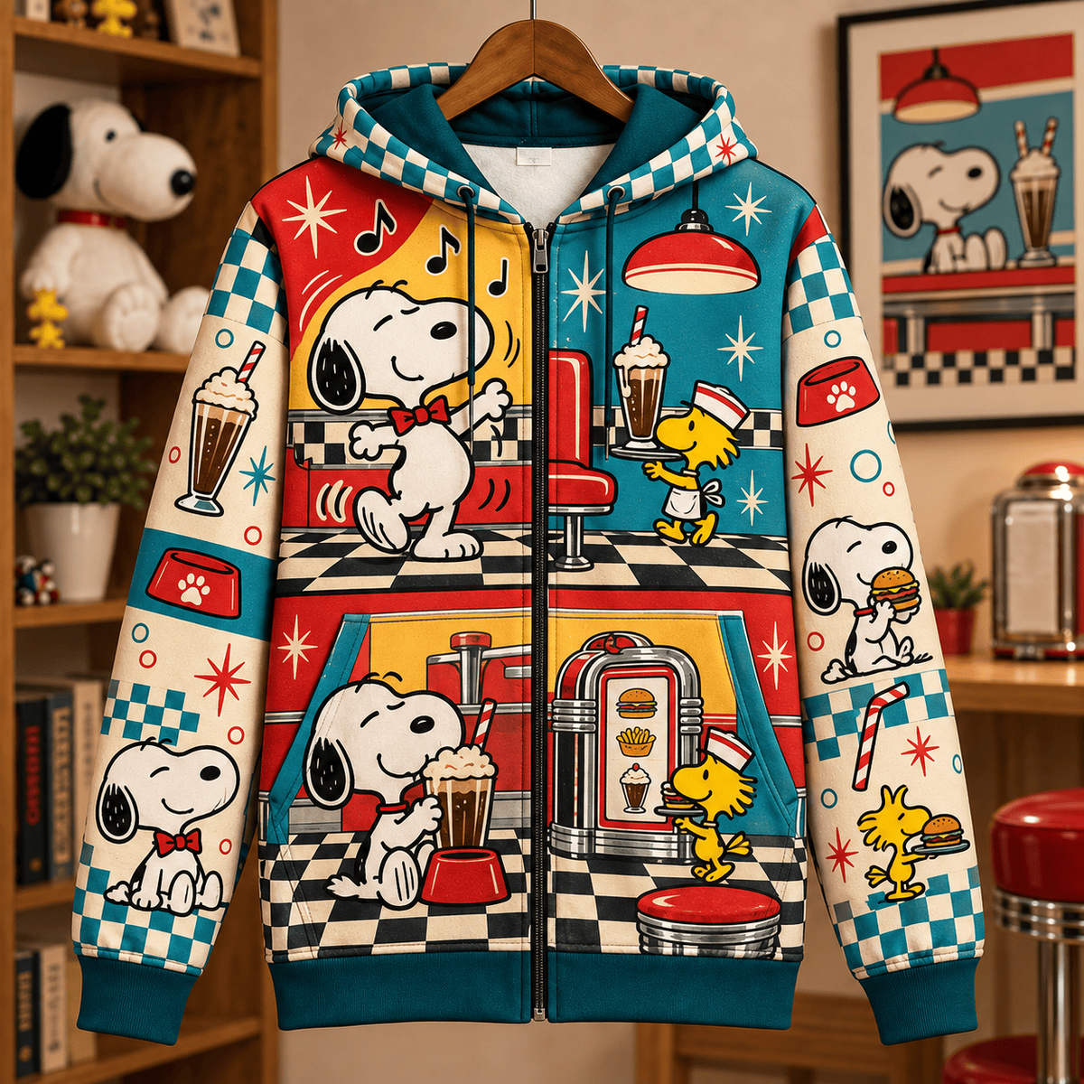 Retro Diner Puppy Zip Hoodie – Vintage Cartoon Full-Zip Jacket
