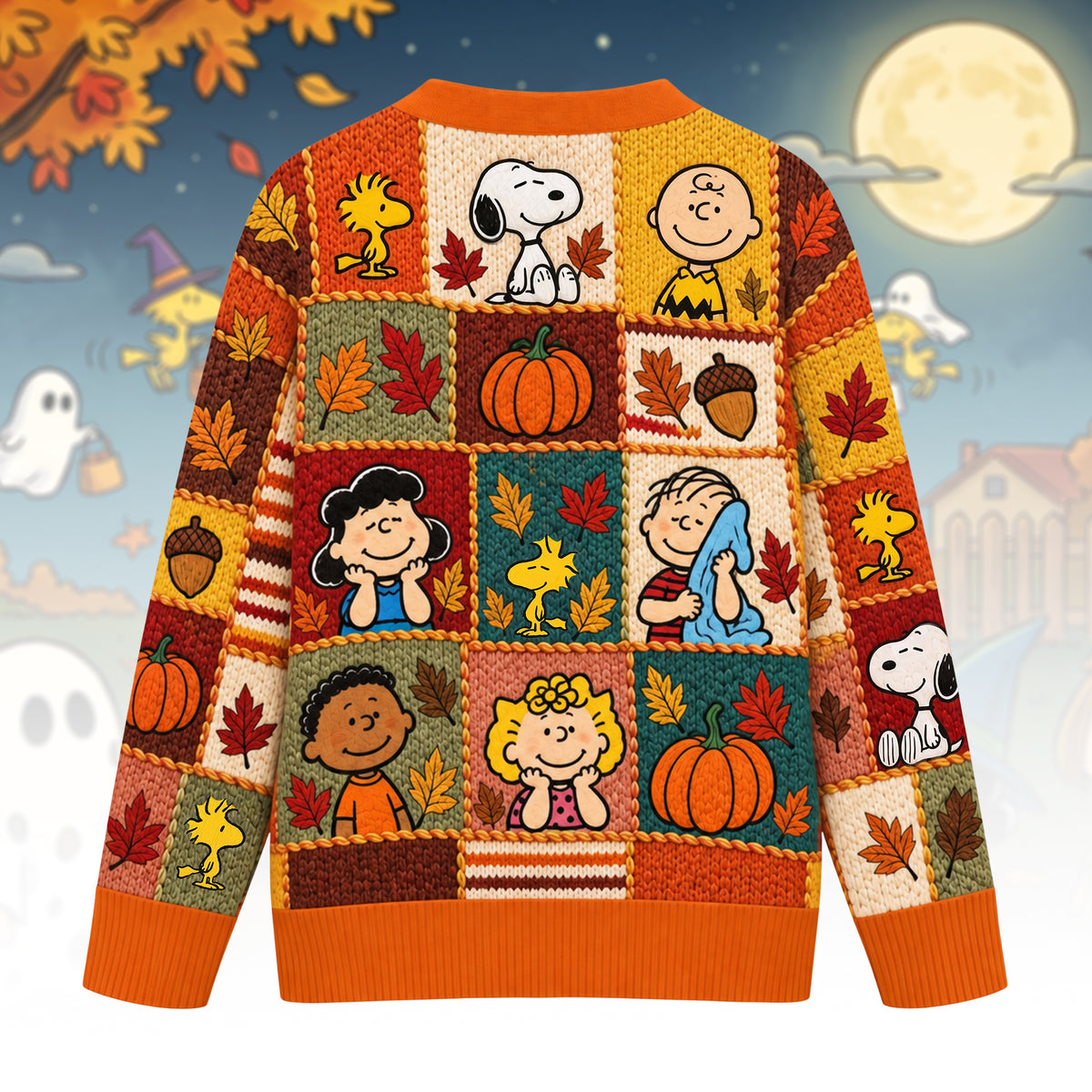 Autumn Patchwork Friends Cardigan – Cozy Harvest Cartoon Sweater