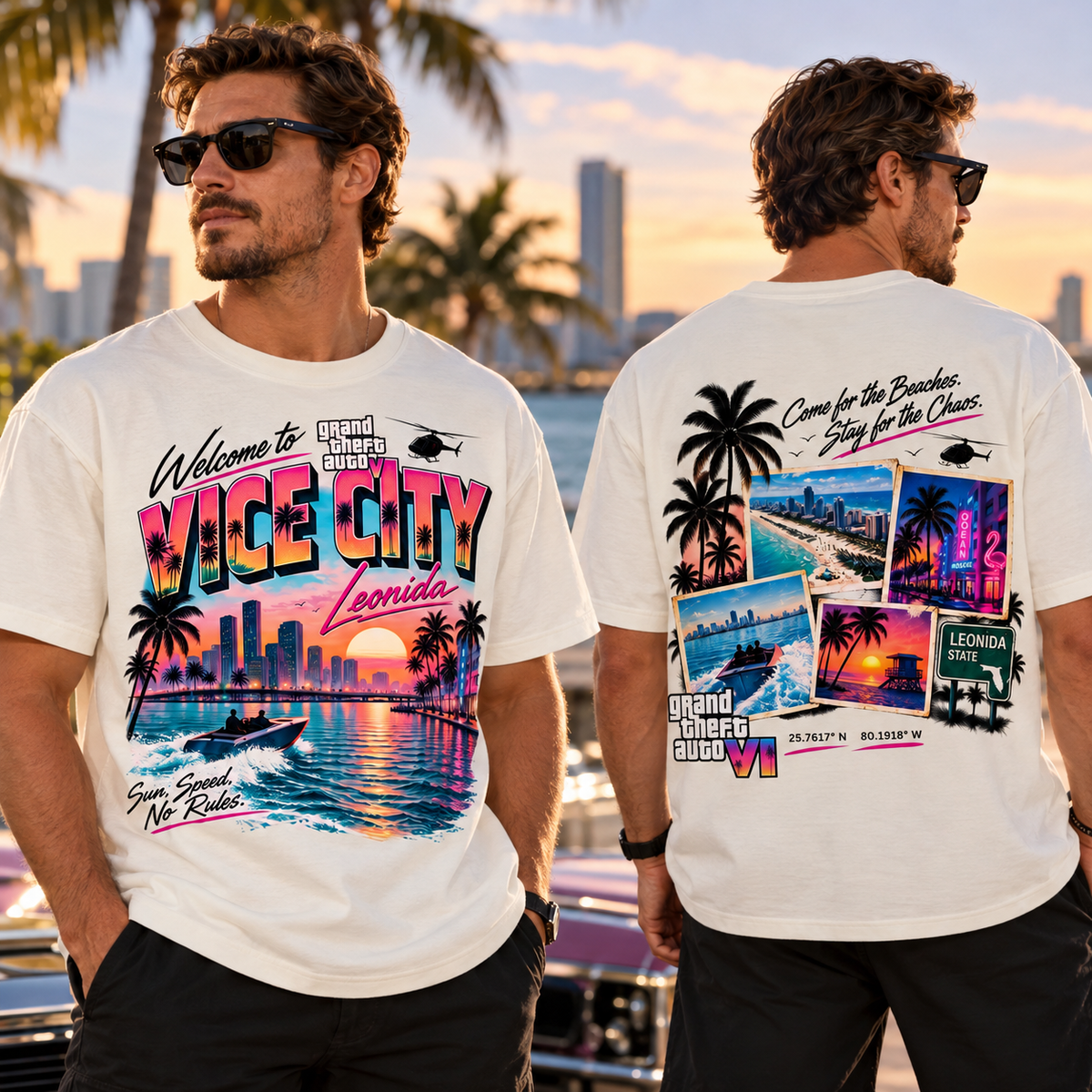 Neon Coastal Chaos T-Shirt – Retro Crime City Sunset Graphic Tee