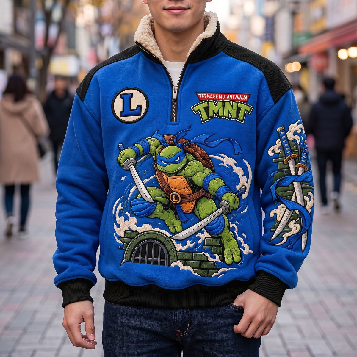 Blue Twin Blade Warrior Quarter Zip – Retro Sewer Ninja Fleece Sweatshirt