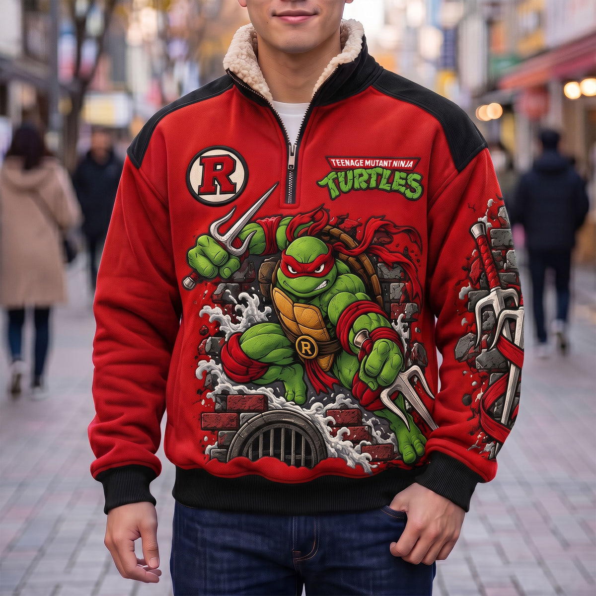 Red Twin Sai Warrior Quarter Zip – Retro Sewer Ninja Fleece Sweatshirt