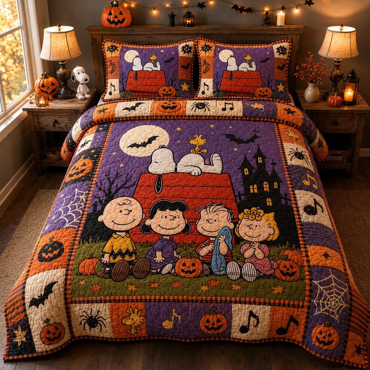 Spooky Puppy & Friends Halloween Quilt Bedding Set – Pumpkin Night Bedroom Decor