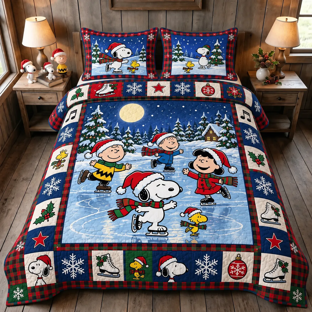 Winter Skating Cartoon Friends Quilt Bedding Set – Cozy Holiday Ice Skating Bed Set