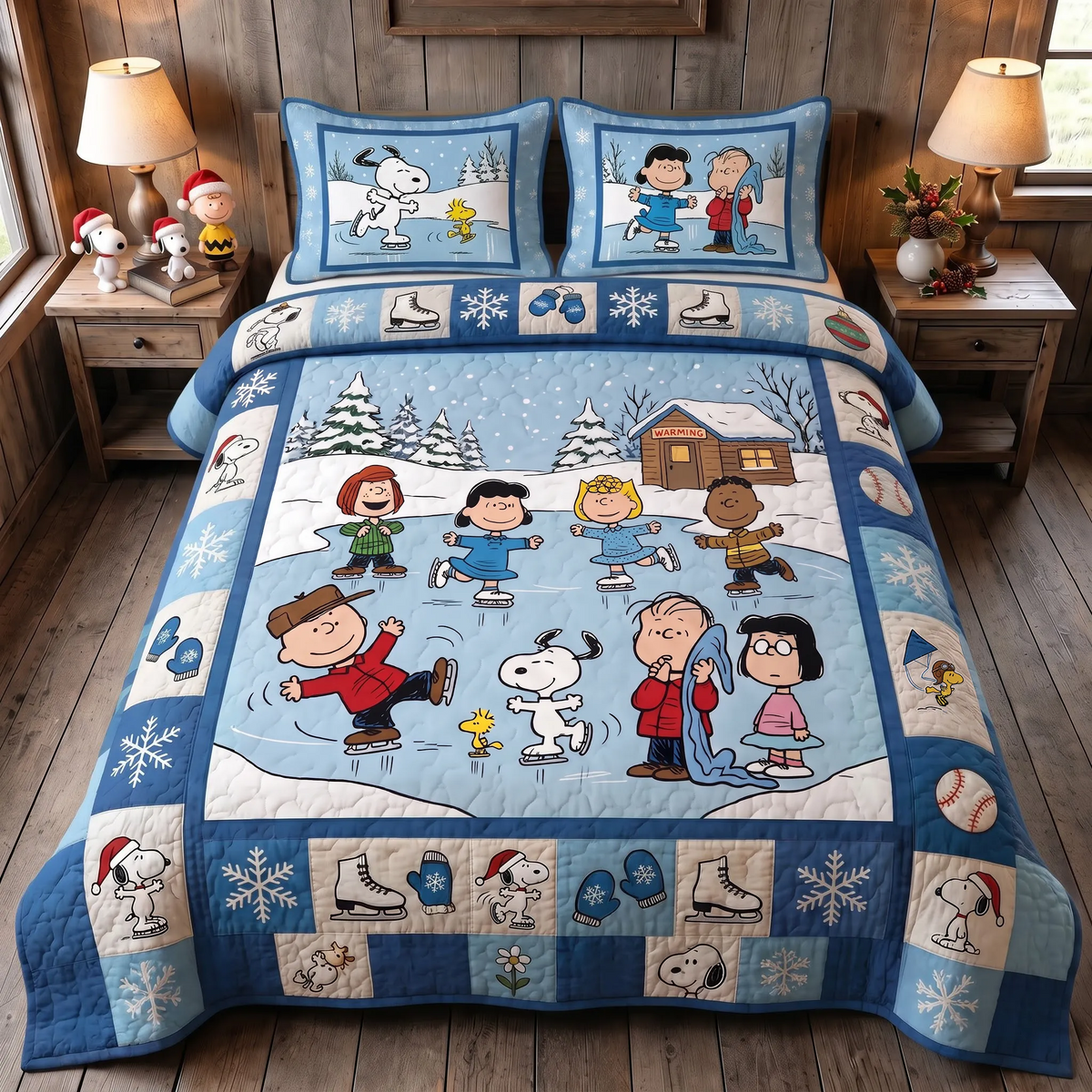 Winter Skating Friends Quilt Set – Cozy Comic Puppy Holiday Bedding