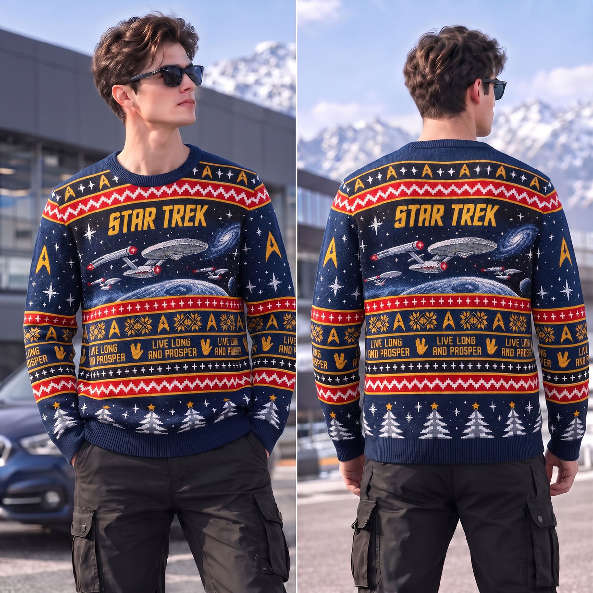 Cosmic Fleet Holiday Ugly Sweater – Retro Space Explorer Christmas Knit Sweater