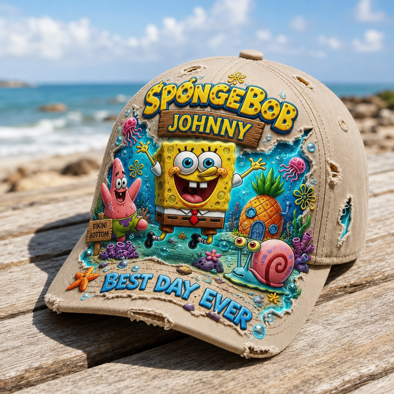 Personalized Underwater Cartoon Friends Cap – Custom Name Distressed Beach Hat