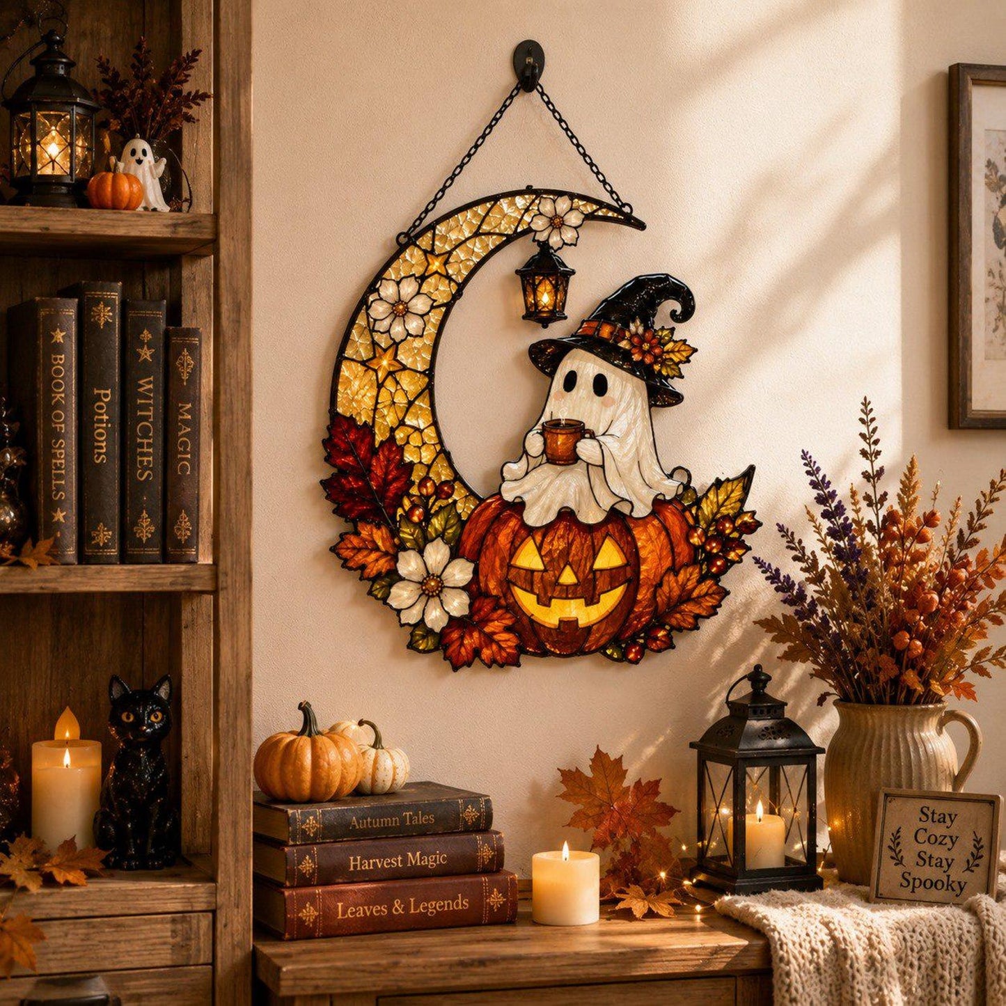 Ghost Pumpkin Moon Suncatcher Window Hanging - Halloween Personalized Gift