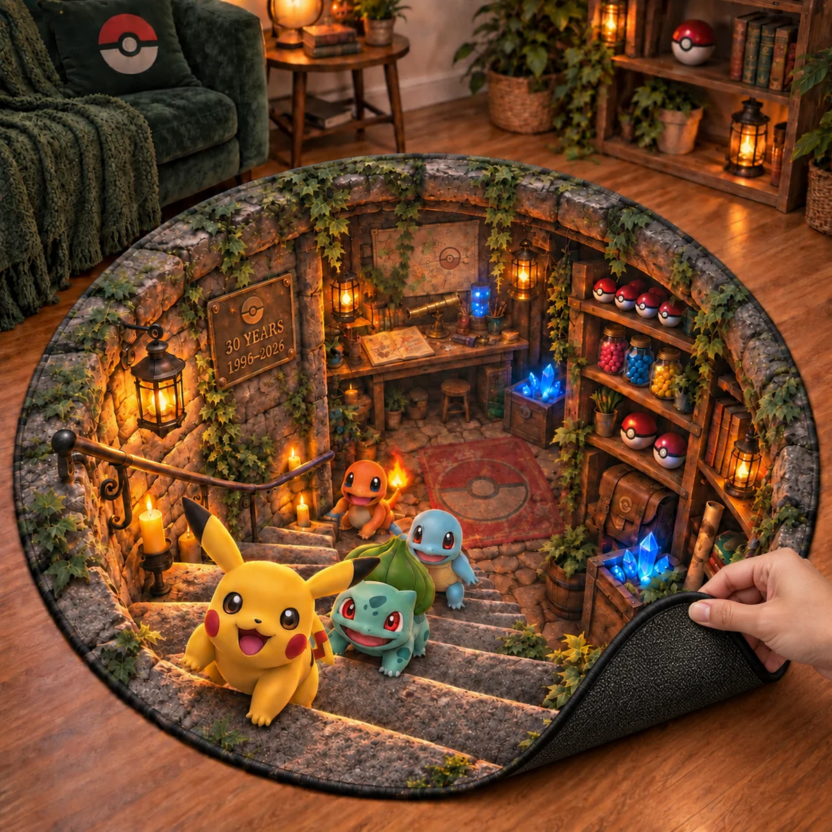 30th Anniversary Adventure Creature Round Rug – Retro Game Room Floor Decor