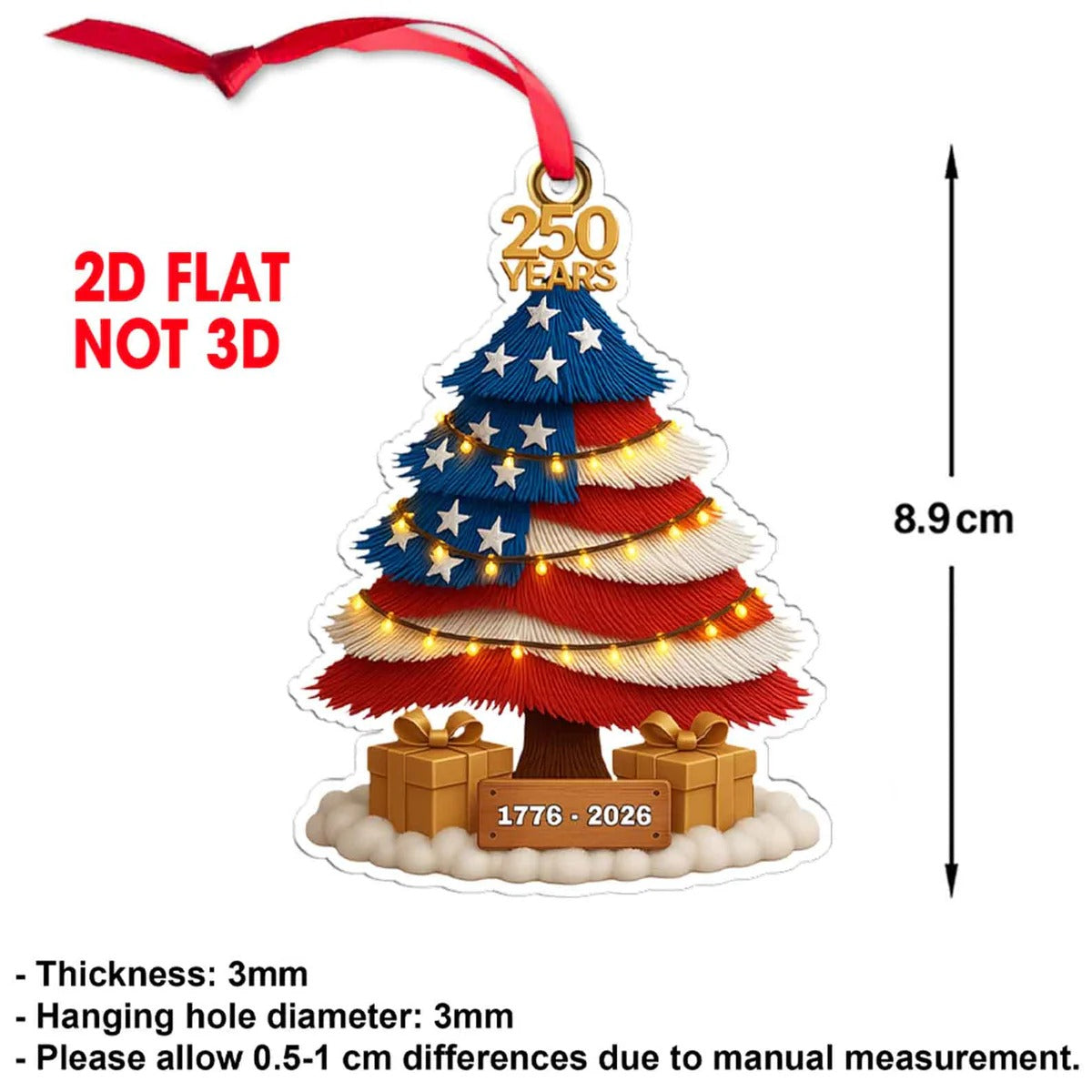 US 250 Years 1776–2026 Ornament, America Patriotic Christmas Tree Decoration