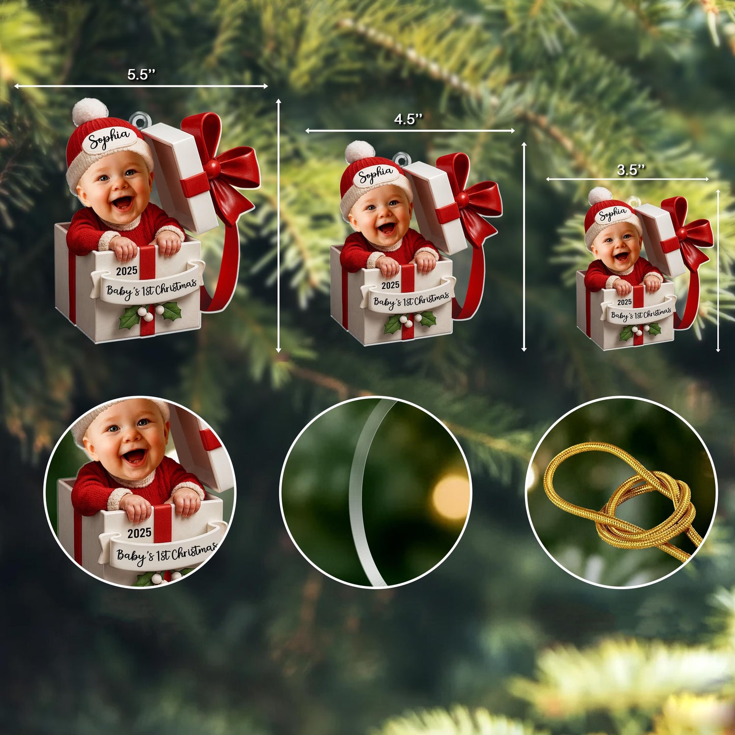 Personalized Baby in Gift Box Christmas 2D Flat Acrylic Ornament, Custom Baby Photo Ornament, Baby’s First Christmas Gift