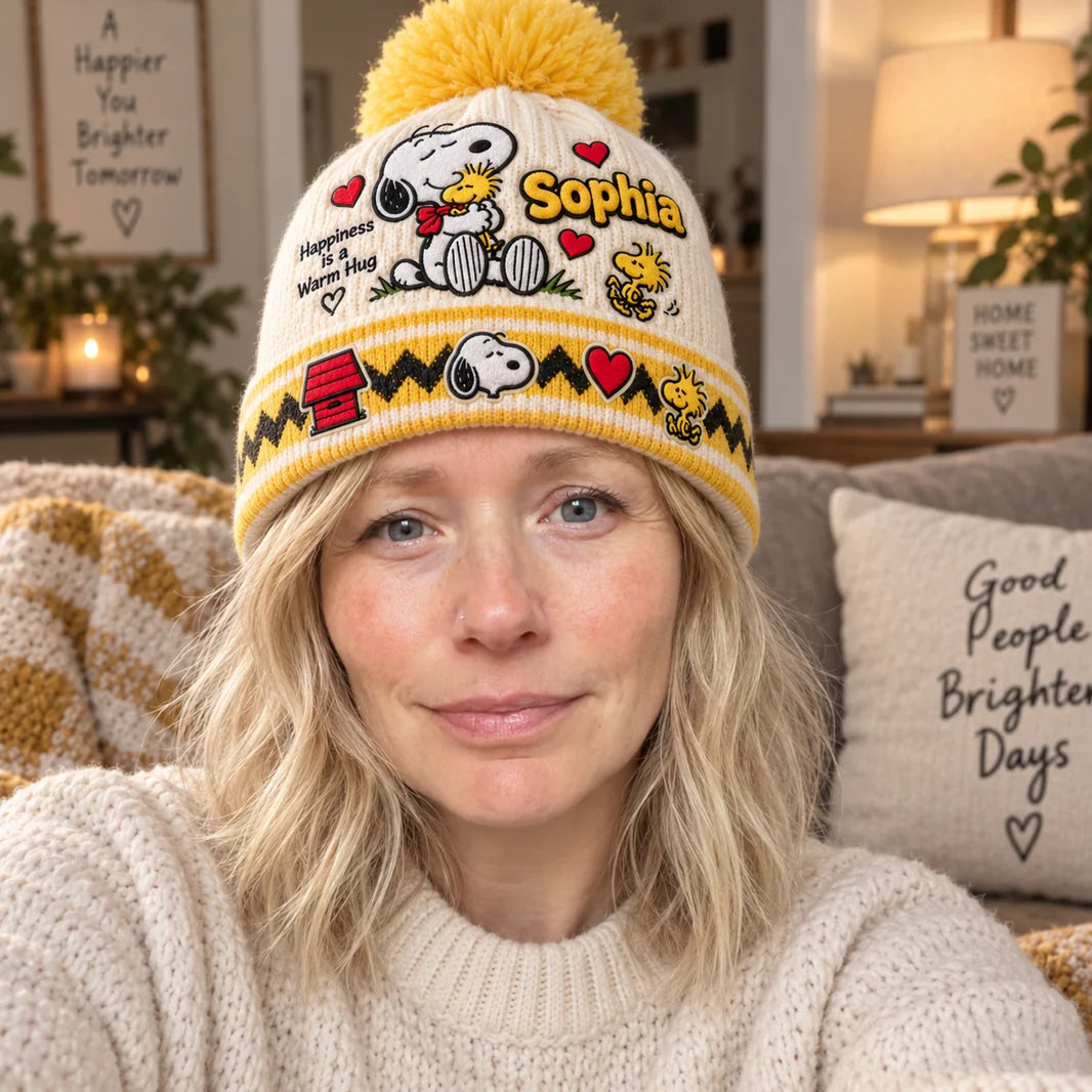 Cute Vintage Cartoon Happiness Is A Warm Hug Gift For Adults And Kids - Personalized Beanie Hat