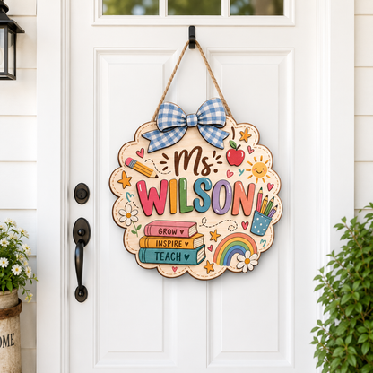 Personalized Teacher Door Sign – Custom Name Wooden Classroom Decor