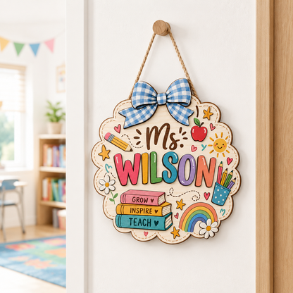 Personalized Teacher Door Sign – Custom Name Wooden Classroom Decor