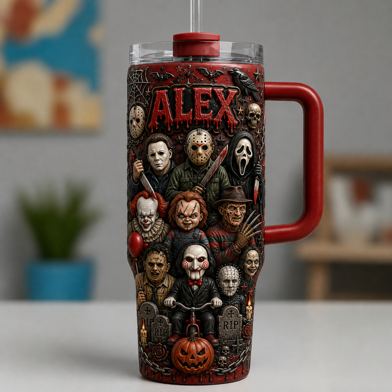 Halloween Horror Characters Tumbler With Handle - Personalized Gifts For Horror Fans