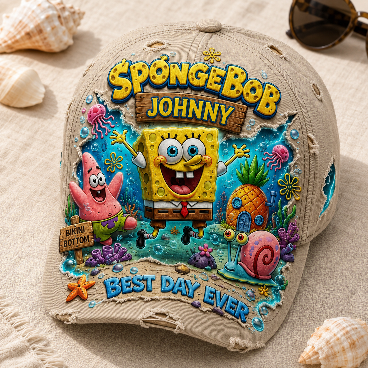 Personalized Underwater Cartoon Friends Cap – Custom Name Distressed Beach Hat