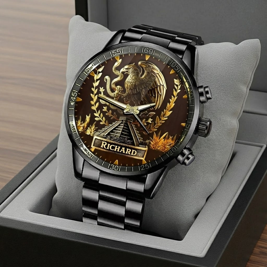 Personalized Mexican Eagle Pyramid Watch - Emblem Dial with Custom Name