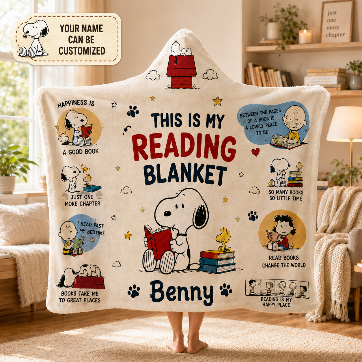 Personalized Book Lover Hooded Blanket, Custom Name Cute Dog Blanket, Reader Gift