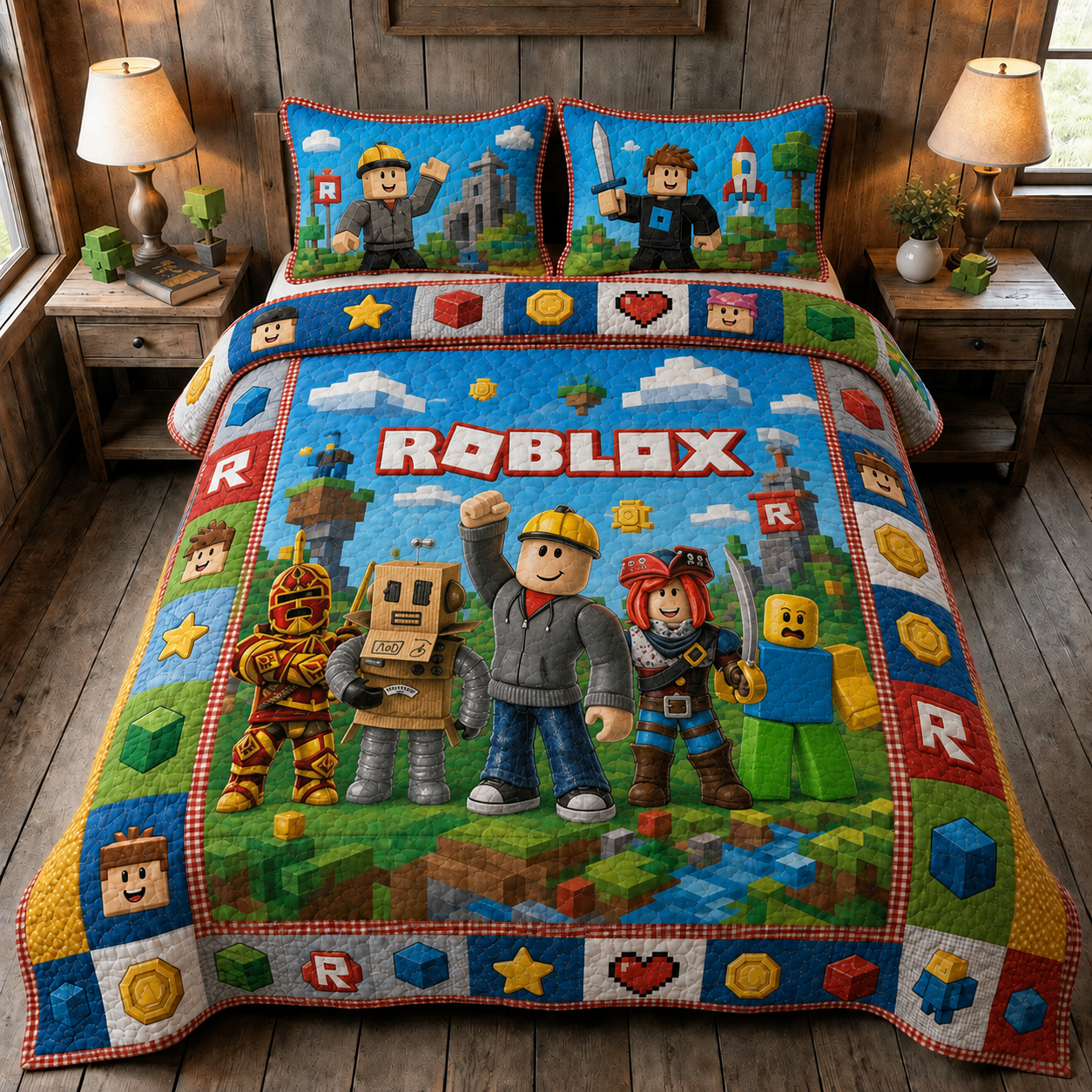 Pixel Block Adventure Quilt Bedding Set - Colorful Blocks Gamer World Bedroom Decor