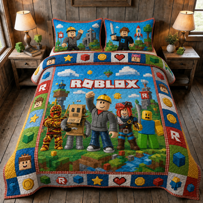 Pixel Block Adventure Quilt Bedding Set - Colorful Blocks Gamer World Bedroom Decor
