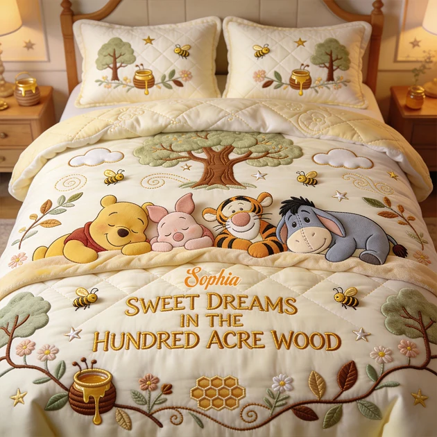 Personalized Cute Honey Bear Bedding Set - Custom Name Bear & Friend Blanket