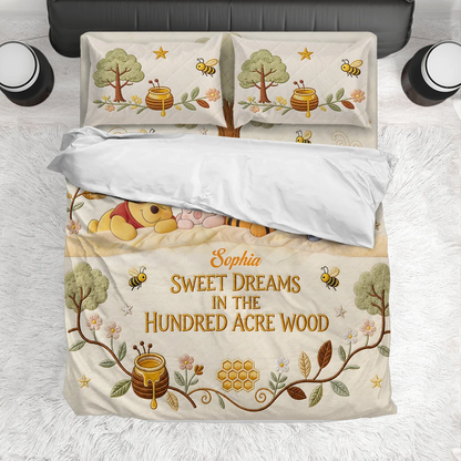 Personalized Cute Honey Bear Bedding Set - Custom Name Bear & Friend Blanket