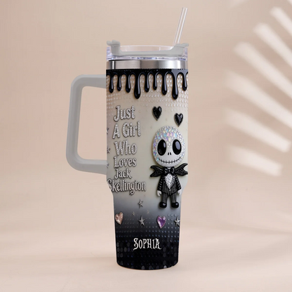 Just A girl Who Loves Nightmare - Personalized Halloween Tumbler With Handle