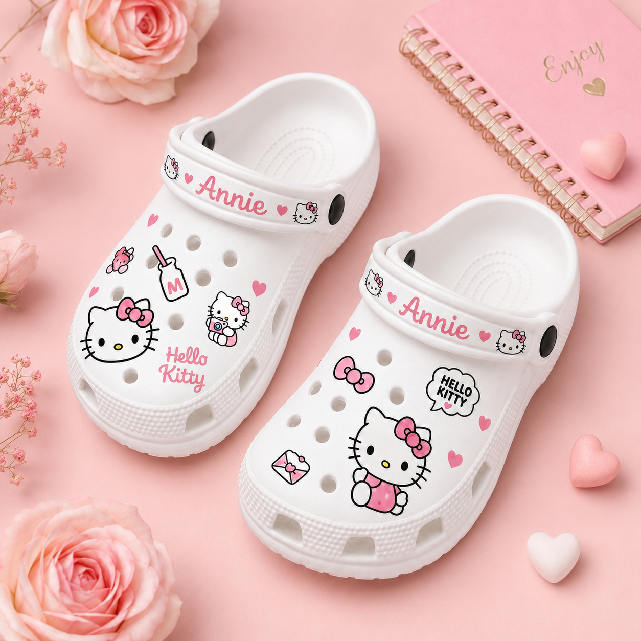 Personalized Kawaii Cat Clogs – Custom Name Cute Pink Cat With Bow Shoes