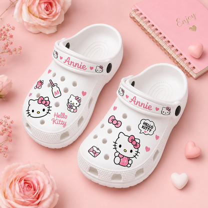 Personalized Kawaii Cat Clogs – Custom Name Cute Pink Cat With Bow Shoes