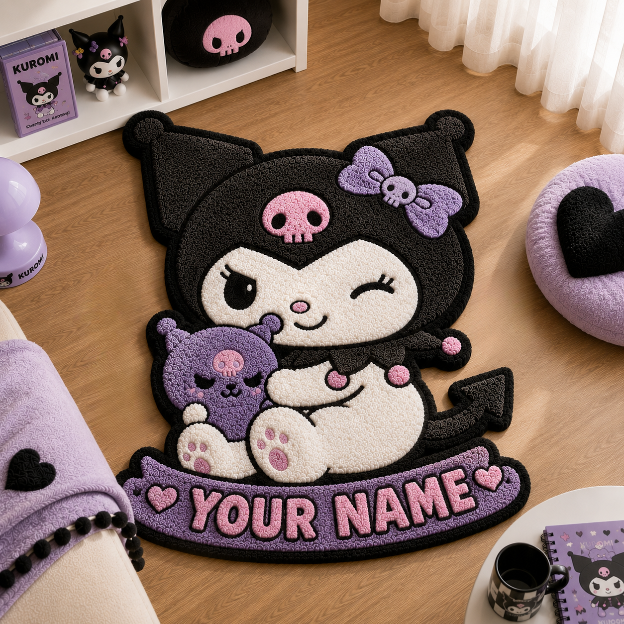 Personalized Gothic Evil Cat Tufted Rug – Custom Name Purple Cat Cute Bedroom Door Mat