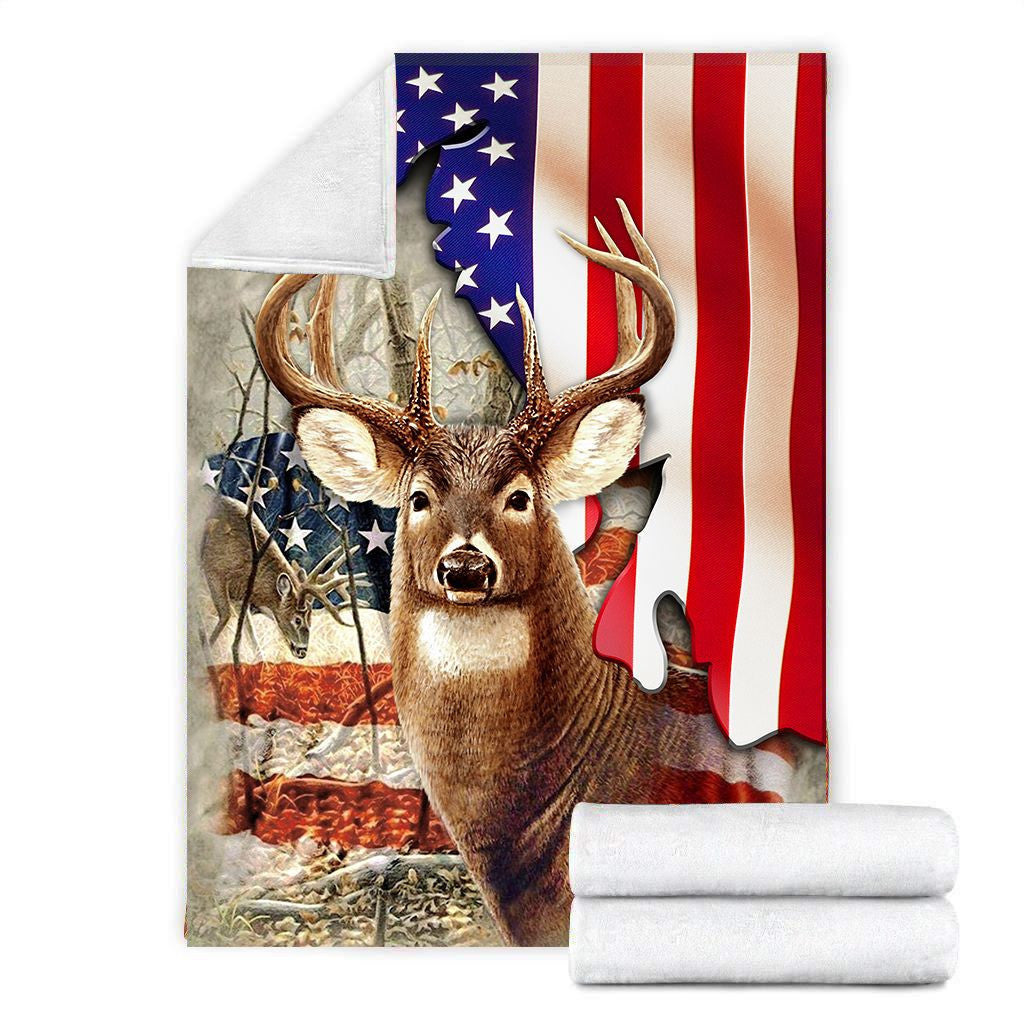 Deer Hunting Us Flag Fleece Blanket