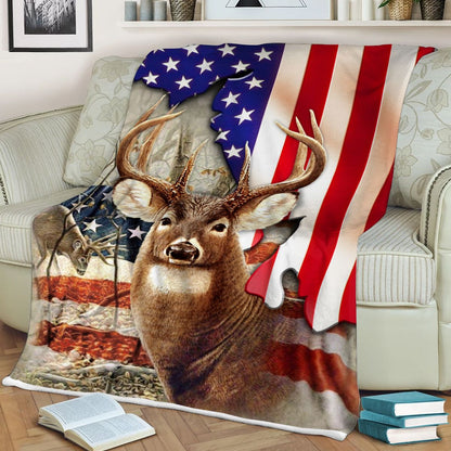 Deer Hunting Us Flag Fleece Blanket