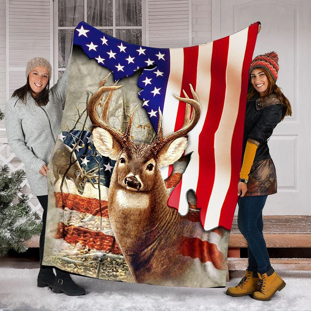 Deer Hunting Us Flag Fleece Blanket
