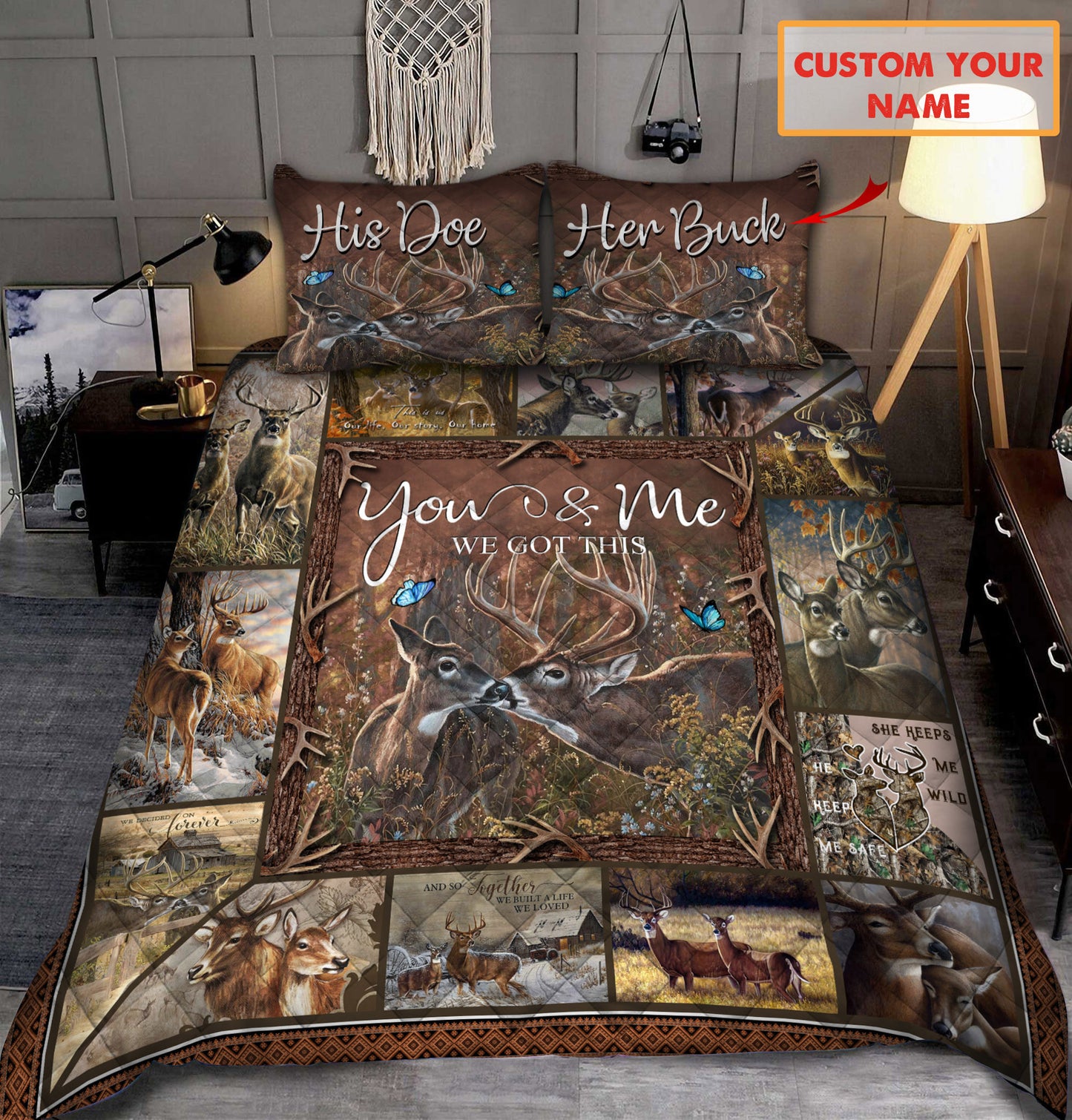 Personalized Name Deer Couple Quilt Bedding Set