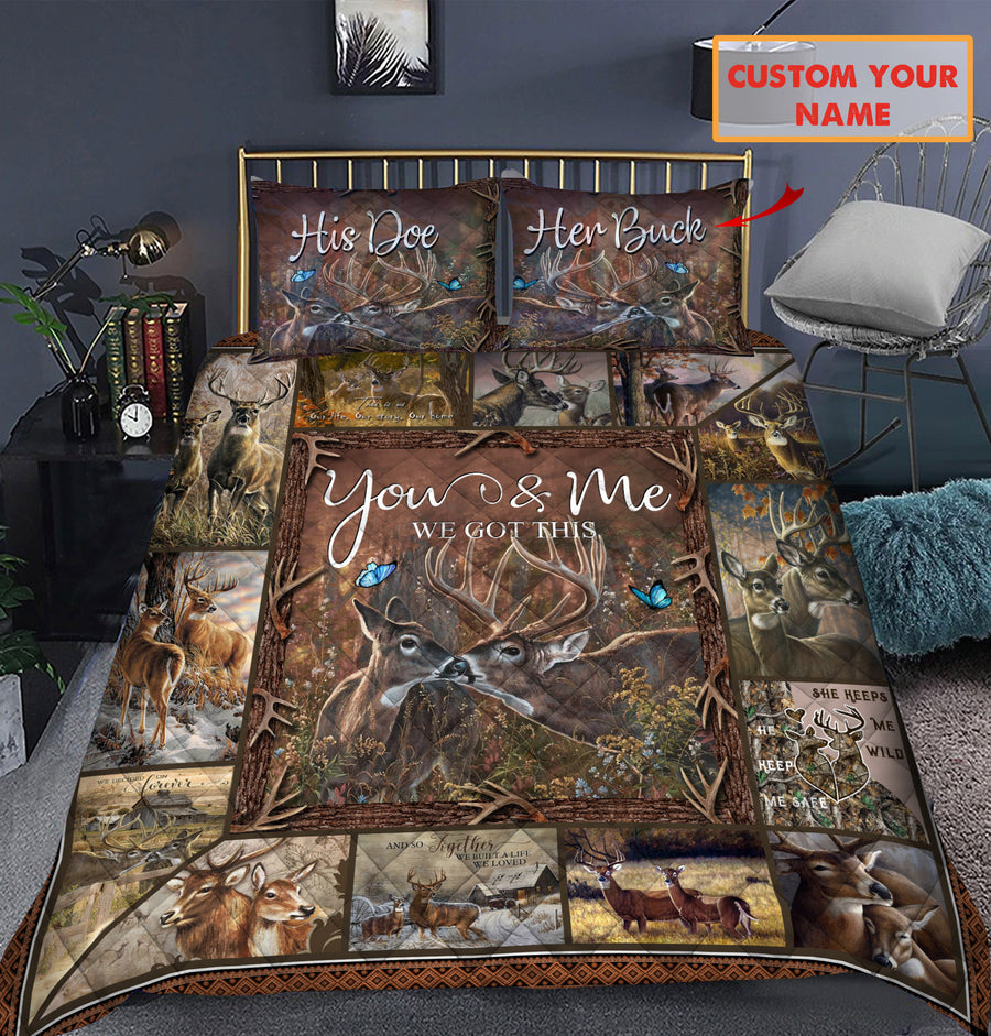 Personalized Name Deer Couple Quilt Bedding Set