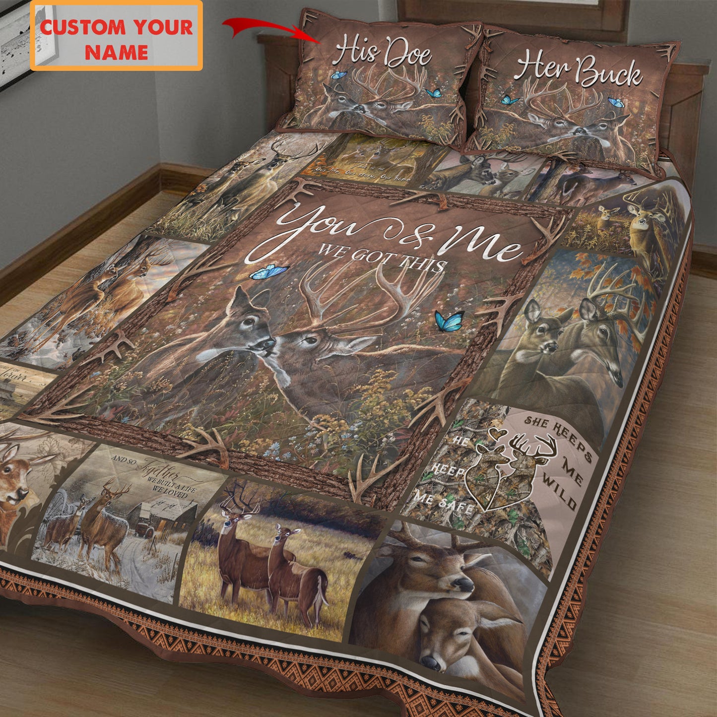 Personalized Name Deer Couple Quilt Bedding Set