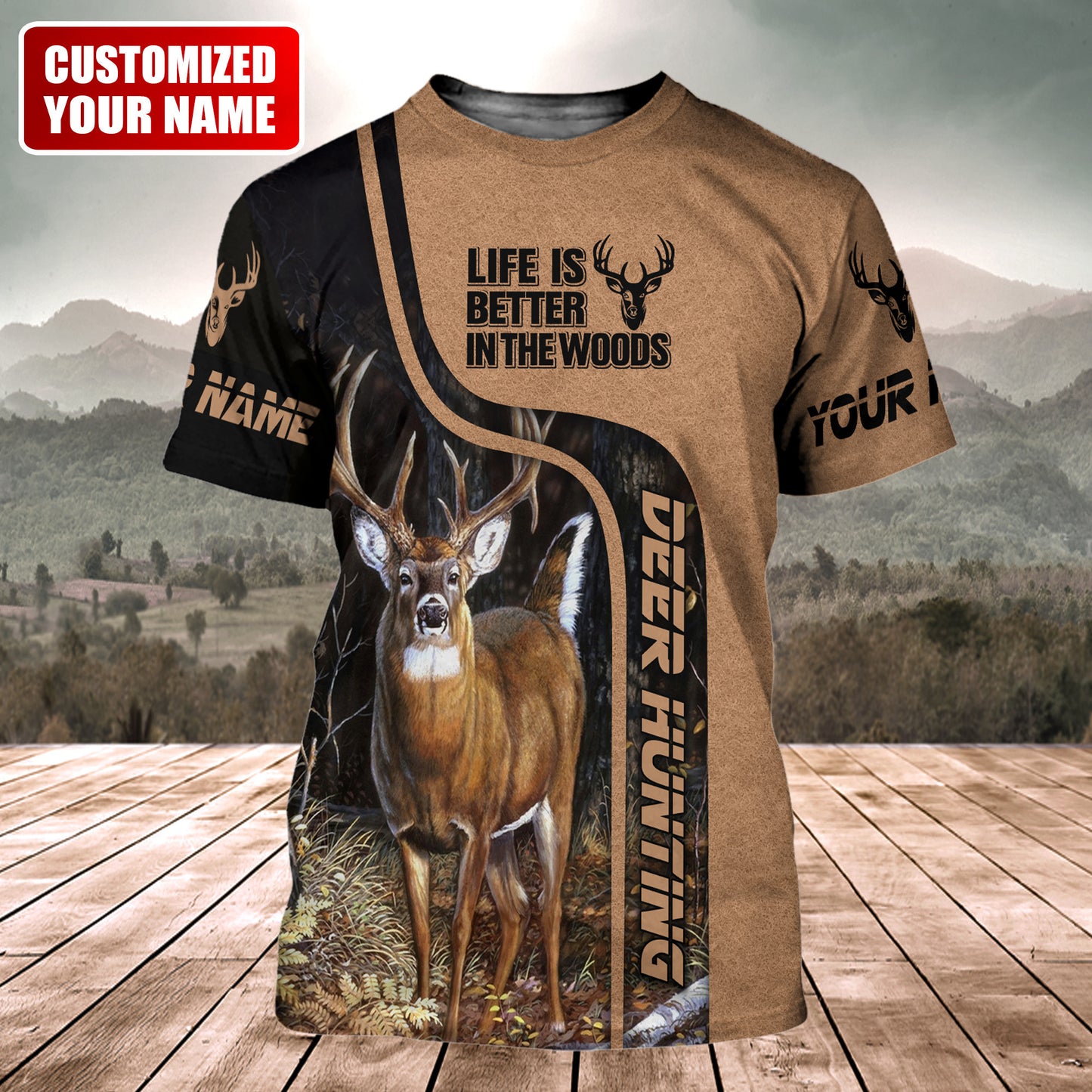 Personalized Name Deer Hunting Wood All Over Printed Unisex Shirt