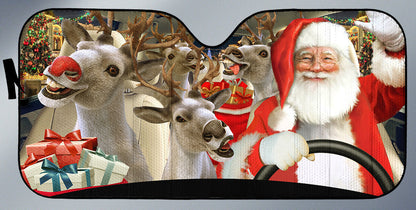 Santa And Reindeer Auto Car Sunshade