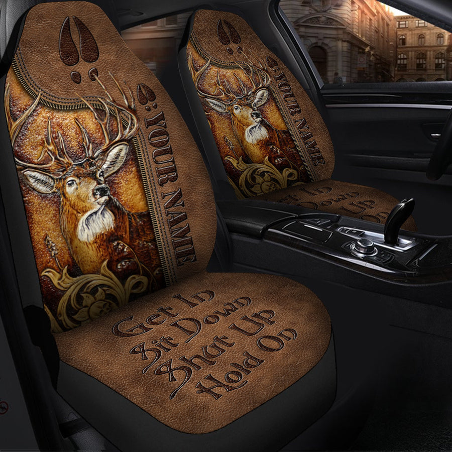 Personalized Name Deer Leather Hold on Funny Car Seat Covers Universal Fit Set 2