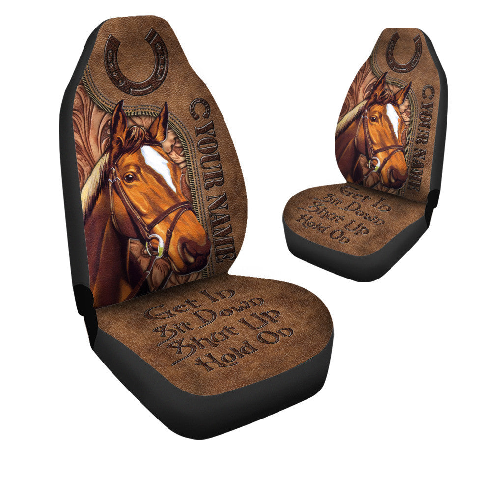 Personalized Name Horse Leather 2 Hold on Car Seat Covers Universal Fit - Set 2